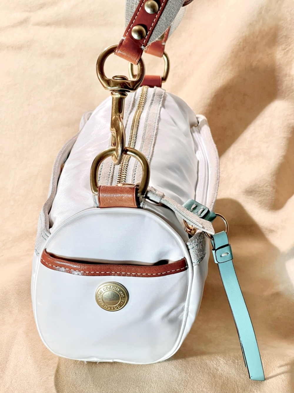Coach Light Blue and White Mini Shoulder Bag with Brown Trim - Picture 3 of 11